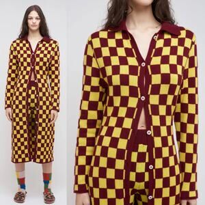 The Elder Statesman | Wine Red & Yellow Checkered Cashmere Knit Cardigan Dress S